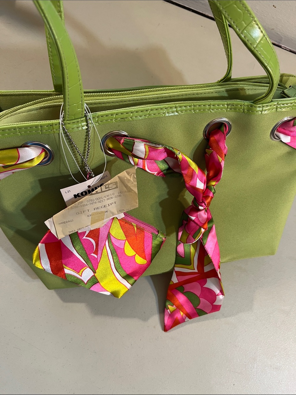 SONOMA Lime Green Tote with Pink Multicolor Scarf Accent - Picture 4 of 4